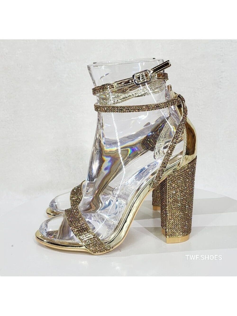 Shine Gold Rhinestone Block Heels Wrap Strap Closed Back High Heel Sandal Shoes